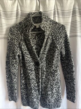 LOFT Black & White Marled Shawl-Collar Cardigan
